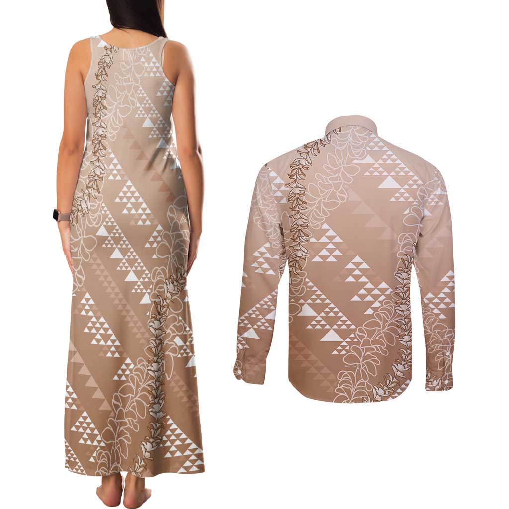 Hawaii Beige Kapa Couples Matching Tank Maxi Dress and Long Sleeve Button Shirt Vintage 'Ohe Kāpala Motifs Mix Plumeria Leis