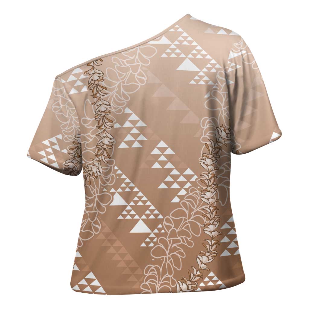 Hawaii Beige Kapa Cross Shoulder Shirt Vintage 'Ohe Kāpala Motifs Mix Plumeria Leis