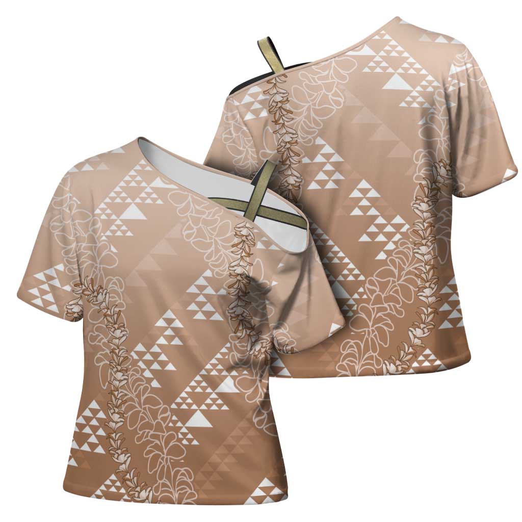 Hawaii Beige Kapa Cross Shoulder Shirt Vintage 'Ohe Kāpala Motifs Mix Plumeria Leis