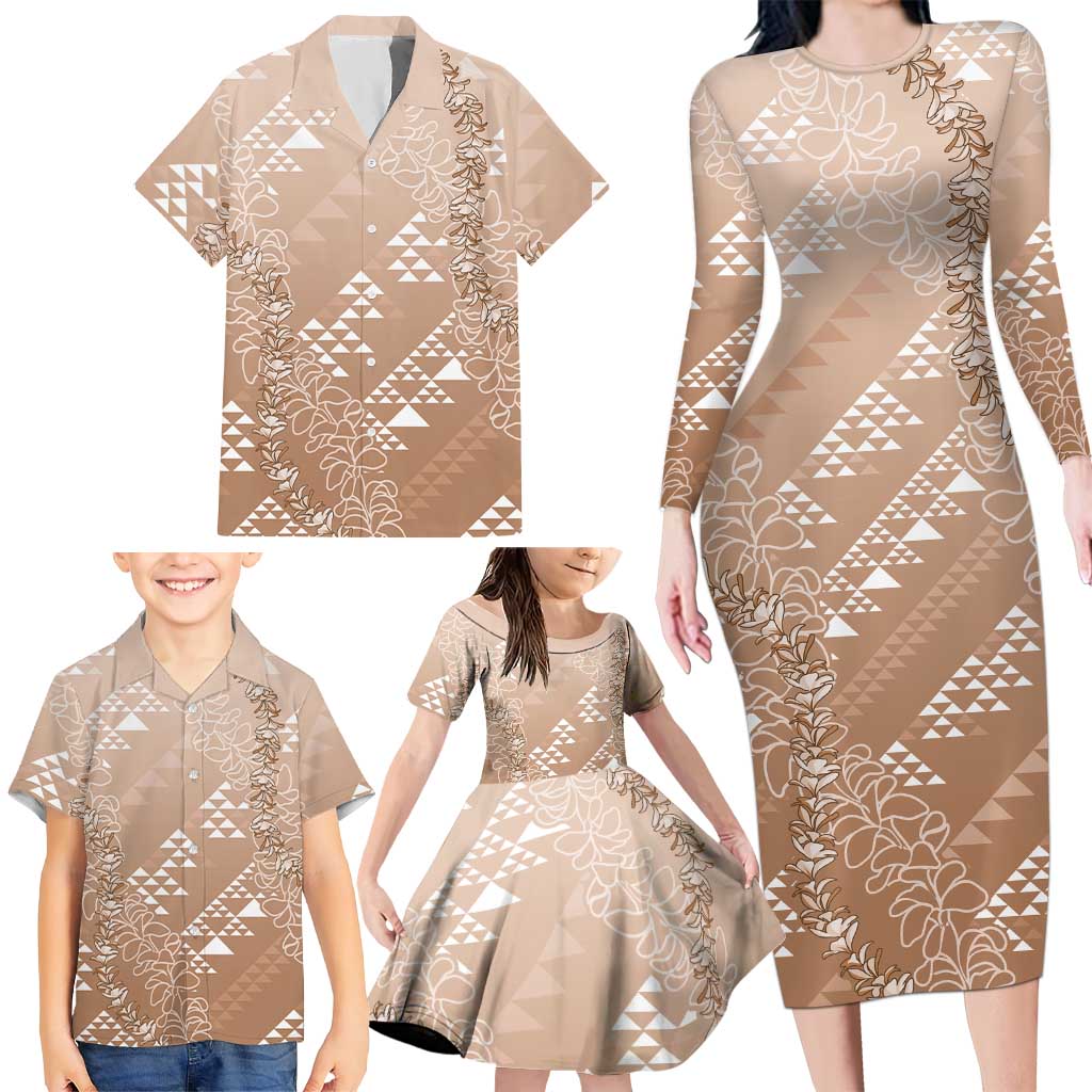 Hawaii Beige Kapa Family Matching Long Sleeve Bodycon Dress and Hawaiian Shirt Vintage 'Ohe Kāpala Motifs Mix Plumeria Leis LT7 - Polynesian Pride
