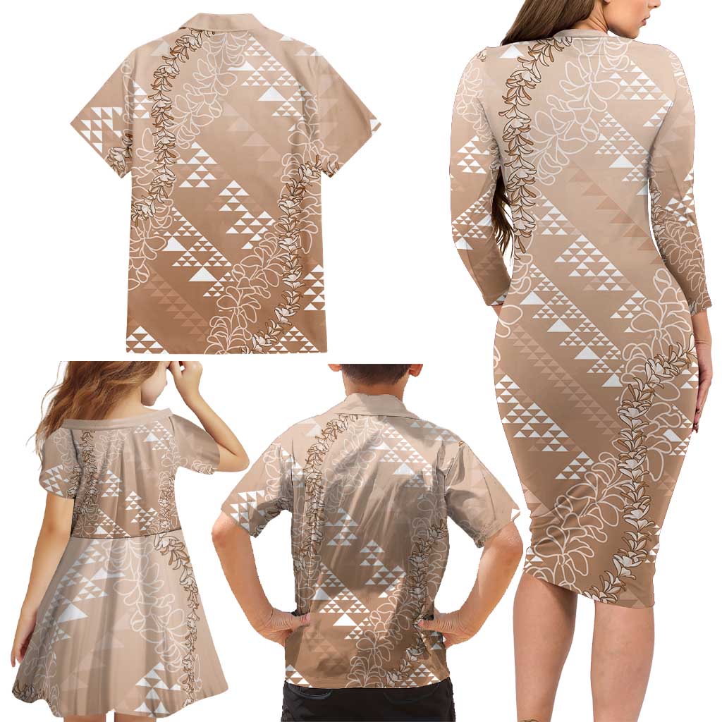 Hawaii Beige Kapa Family Matching Long Sleeve Bodycon Dress and Hawaiian Shirt Vintage 'Ohe Kāpala Motifs Mix Plumeria Leis LT7 - Polynesian Pride