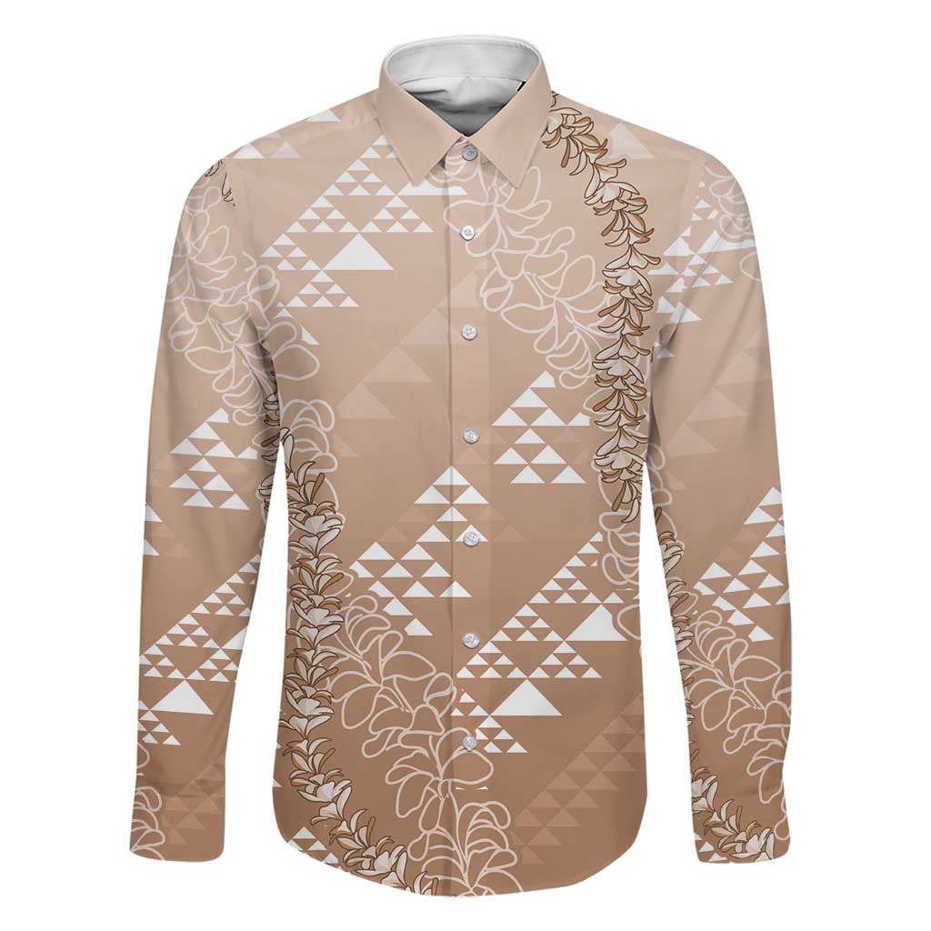 Hawaii Beige Kapa Family Matching Long Sleeve Bodycon Dress and Hawaiian Shirt Vintage 'Ohe Kāpala Motifs Mix Plumeria Leis LT7 Dad's Shirt - Long Sleeve Beige - Polynesian Pride