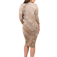 Hawaii Beige Kapa Family Matching Long Sleeve Bodycon Dress and Hawaiian Shirt Vintage 'Ohe Kāpala Motifs Mix Plumeria Leis LT7 - Polynesian Pride