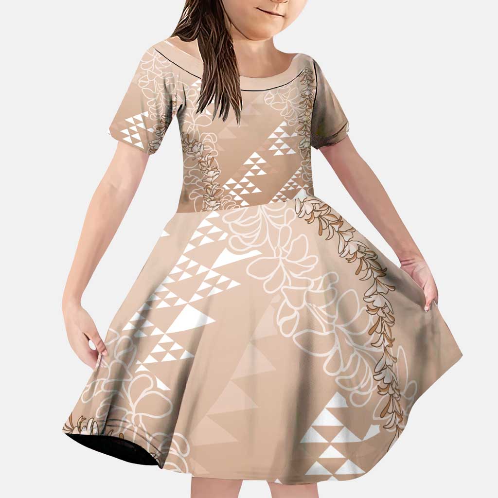 Hawaii Beige Kapa Family Matching Off The Shoulder Long Sleeve Dress and Hawaiian Shirt Vintage 'Ohe Kāpala Motifs Mix Plumeria Leis LT7 Daughter's Dress Beige - Polynesian Pride