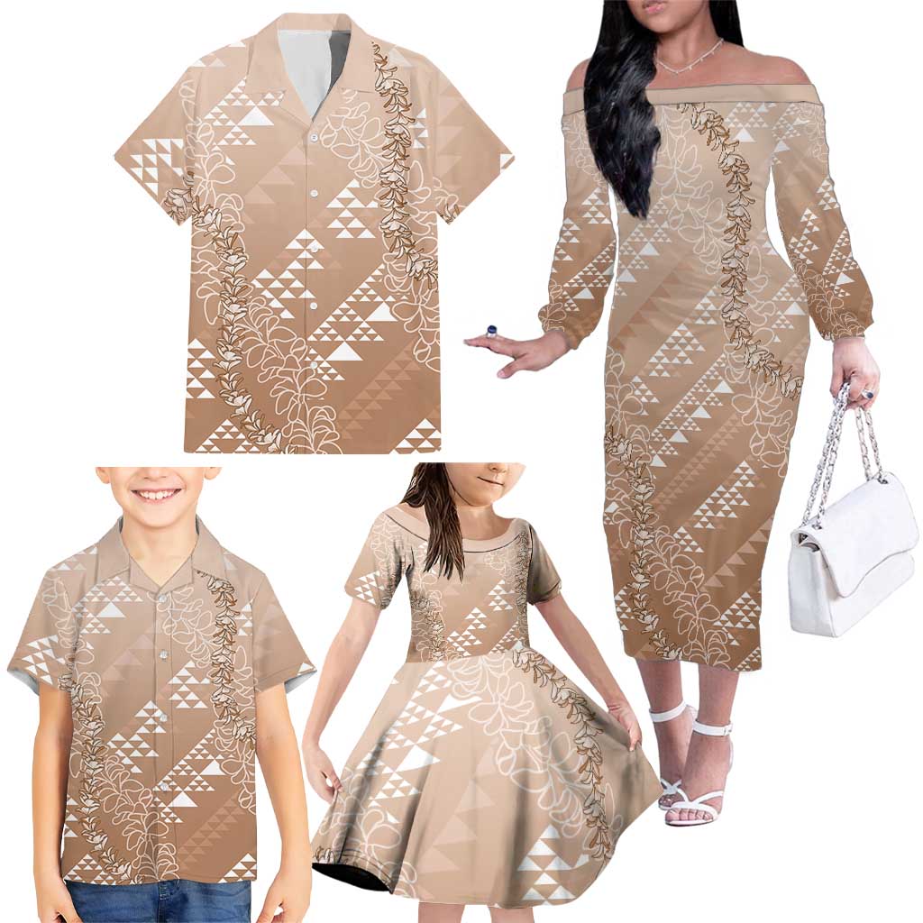 Hawaii Beige Kapa Family Matching Off The Shoulder Long Sleeve Dress and Hawaiian Shirt Vintage 'Ohe Kāpala Motifs Mix Plumeria Leis LT7 - Polynesian Pride