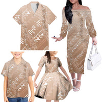 Hawaii Beige Kapa Family Matching Off The Shoulder Long Sleeve Dress and Hawaiian Shirt Vintage 'Ohe Kāpala Motifs Mix Plumeria Leis LT7 - Polynesian Pride