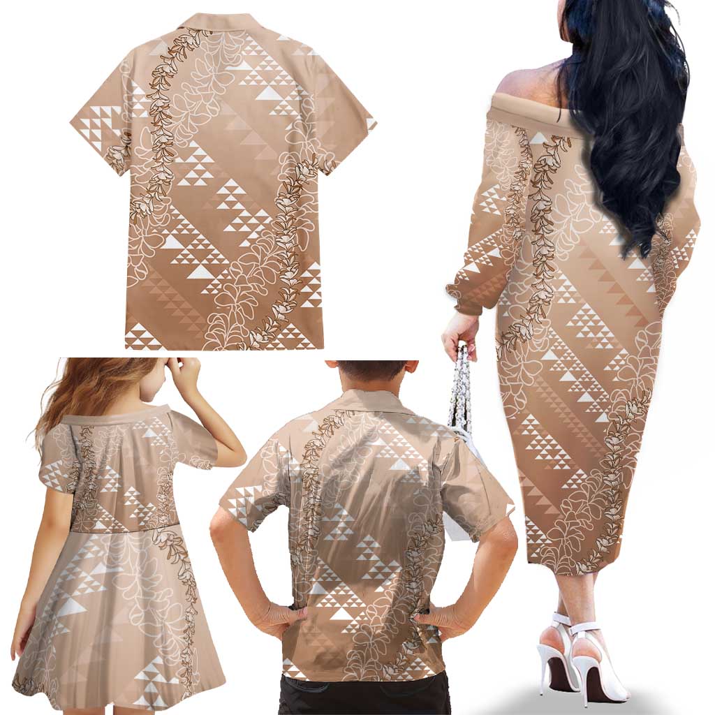 Hawaii Beige Kapa Family Matching Off The Shoulder Long Sleeve Dress and Hawaiian Shirt Vintage 'Ohe Kāpala Motifs Mix Plumeria Leis LT7 - Polynesian Pride