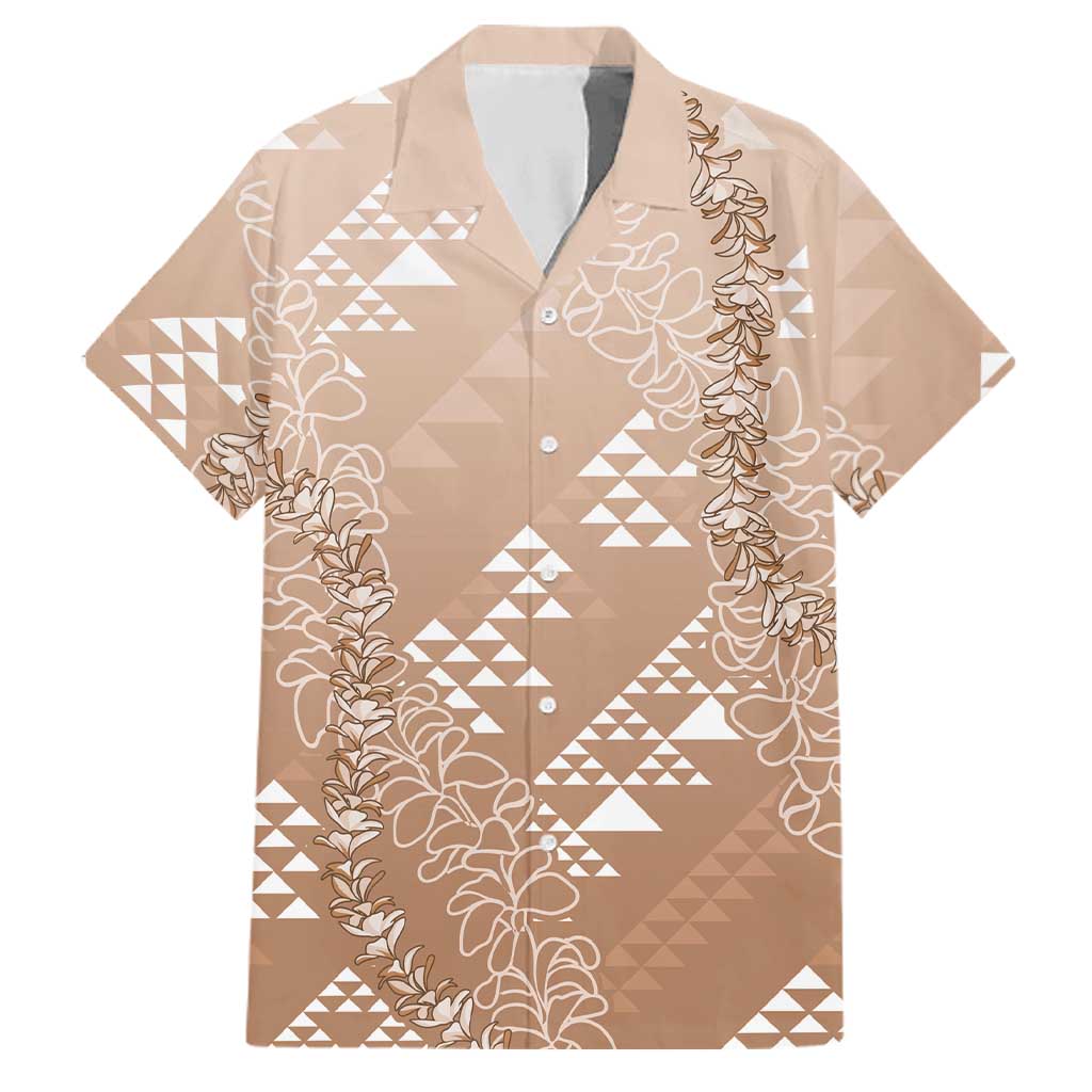 Hawaii Beige Kapa Family Matching Off The Shoulder Long Sleeve Dress and Hawaiian Shirt Vintage 'Ohe Kāpala Motifs Mix Plumeria Leis LT7 Dad's Shirt - Short Sleeve Beige - Polynesian Pride