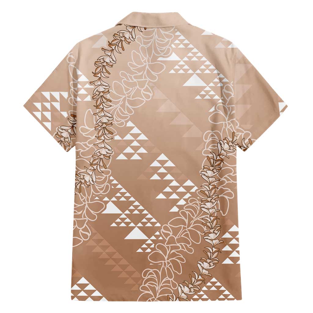 Hawaii Beige Kapa Family Matching Off The Shoulder Long Sleeve Dress and Hawaiian Shirt Vintage 'Ohe Kāpala Motifs Mix Plumeria Leis LT7 - Polynesian Pride