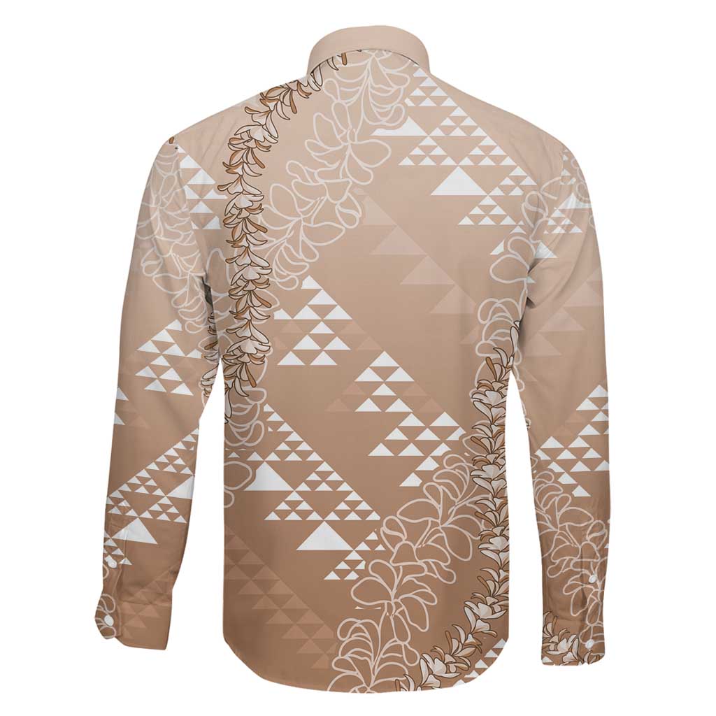 Hawaii Beige Kapa Family Matching Off The Shoulder Long Sleeve Dress and Hawaiian Shirt Vintage 'Ohe Kāpala Motifs Mix Plumeria Leis LT7 - Polynesian Pride