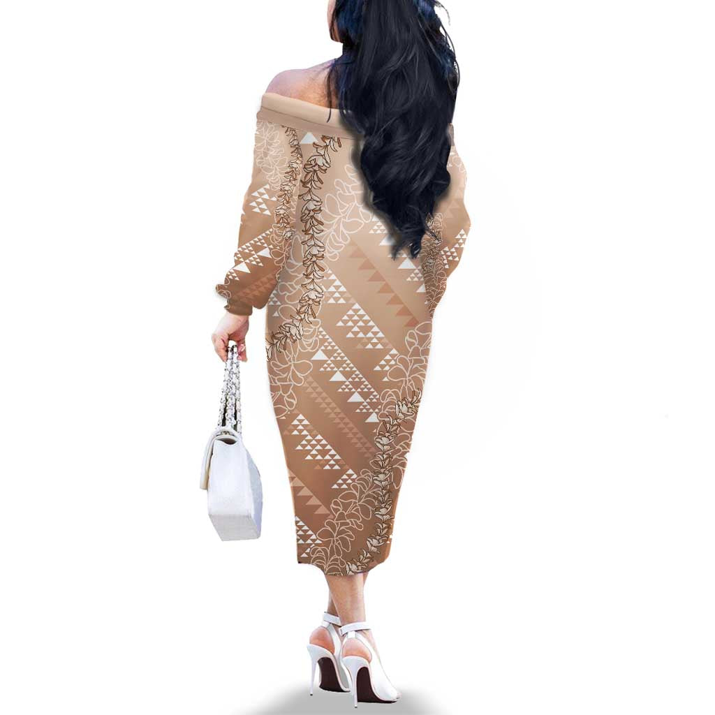Hawaii Beige Kapa Family Matching Off The Shoulder Long Sleeve Dress and Hawaiian Shirt Vintage 'Ohe Kāpala Motifs Mix Plumeria Leis LT7 - Polynesian Pride