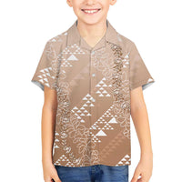 Hawaii Beige Kapa Family Matching Off The Shoulder Long Sleeve Dress and Hawaiian Shirt Vintage 'Ohe Kāpala Motifs Mix Plumeria Leis LT7 Son's Shirt Beige - Polynesian Pride