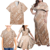 Hawaii Beige Kapa Family Matching Off Shoulder Maxi Dress and Hawaiian Shirt Vintage 'Ohe Kāpala Motifs Mix Plumeria Leis