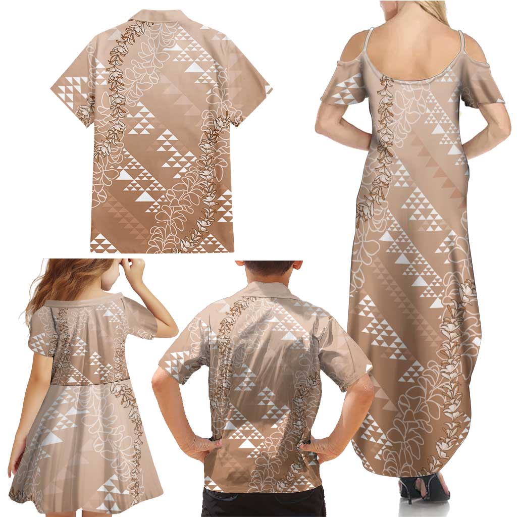 Hawaii Beige Kapa Family Matching Summer Maxi Dress and Hawaiian Shirt Vintage 'Ohe Kāpala Motifs Mix Plumeria Leis