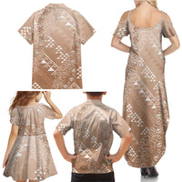 Hawaii Beige Kapa Family Matching Summer Maxi Dress and Hawaiian Shirt Vintage 'Ohe Kāpala Motifs Mix Plumeria Leis