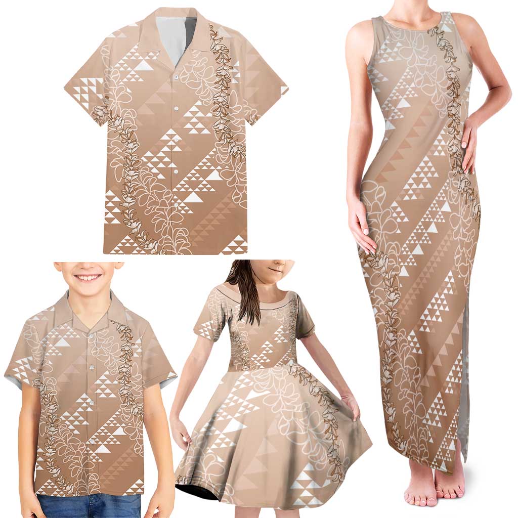 Hawaii Beige Kapa Family Matching Tank Maxi Dress and Hawaiian Shirt Vintage 'Ohe Kāpala Motifs Mix Plumeria Leis