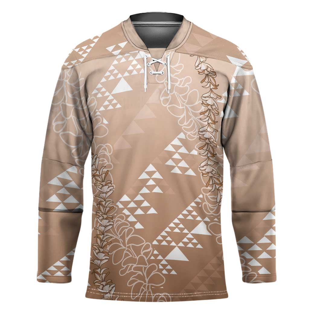 Hawaii Beige Kapa Hockey Jersey Vintage 'Ohe Kāpala Motifs Mix Plumeria Leis
