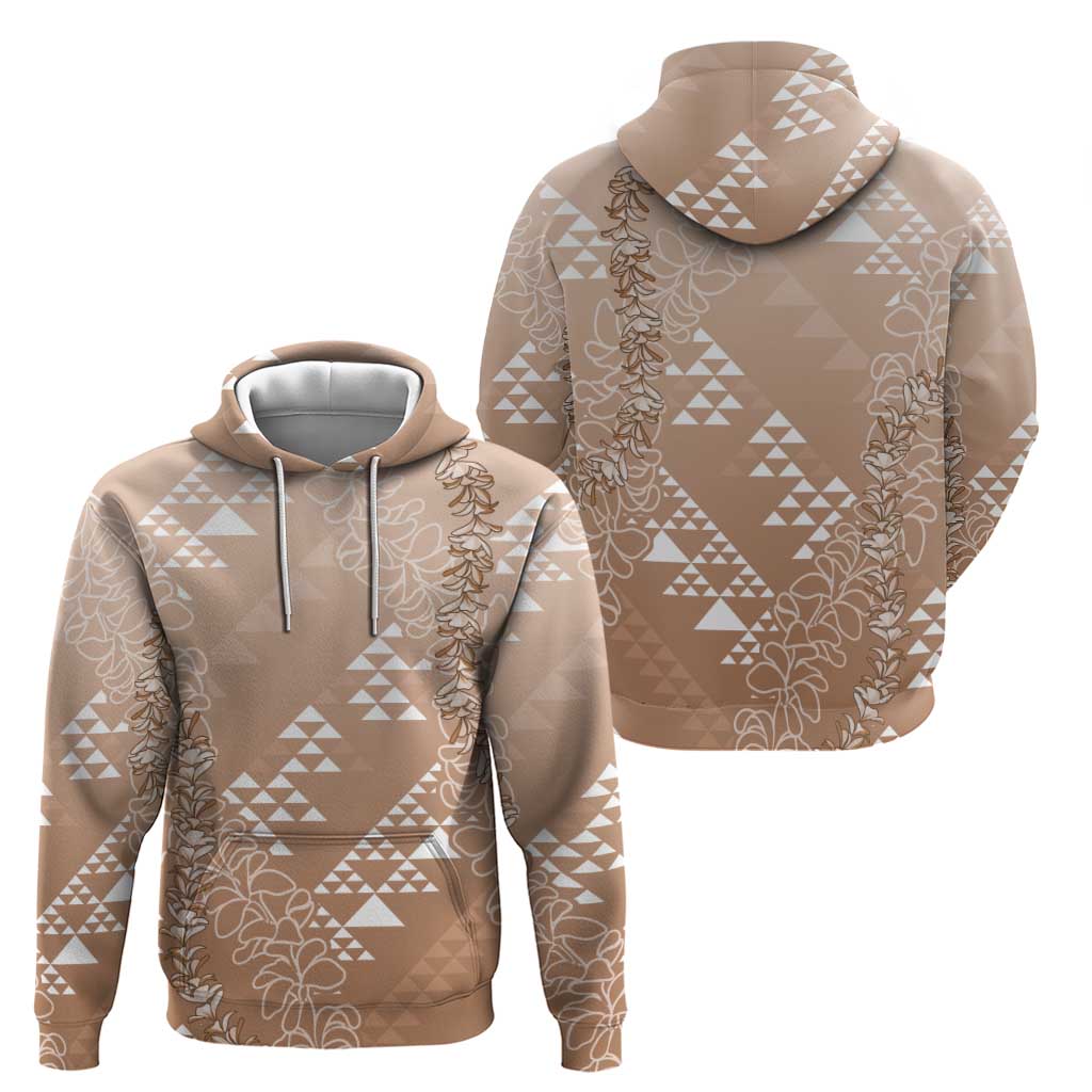 Hawaii Beige Kapa Hoodie Vintage 'Ohe Kāpala Motifs Mix Plumeria Leis