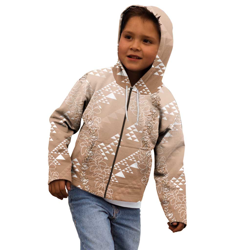 Hawaii Beige Kapa Kid Hoodie Vintage 'Ohe Kāpala Motifs Mix Plumeria Leis
