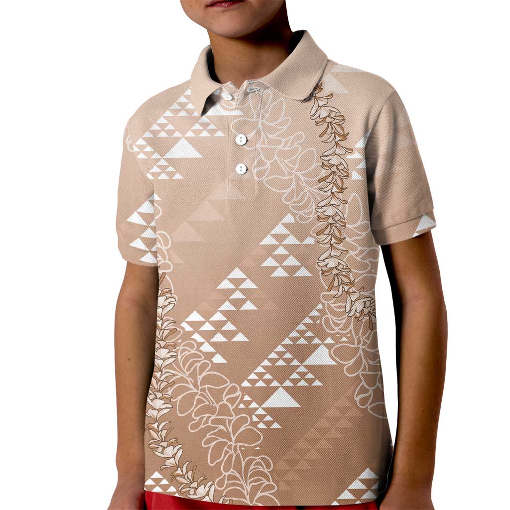 Hawaii Beige Kapa Kid Polo Shirt Vintage 'Ohe Kāpala Motifs Mix Plumeria Leis