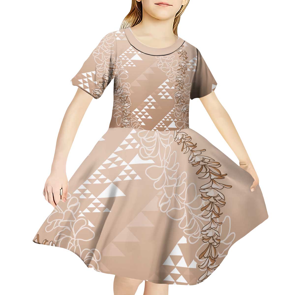 Hawaii Beige Kapa Kid Short Sleeve Dress Vintage 'Ohe Kāpala Motifs Mix Plumeria Leis