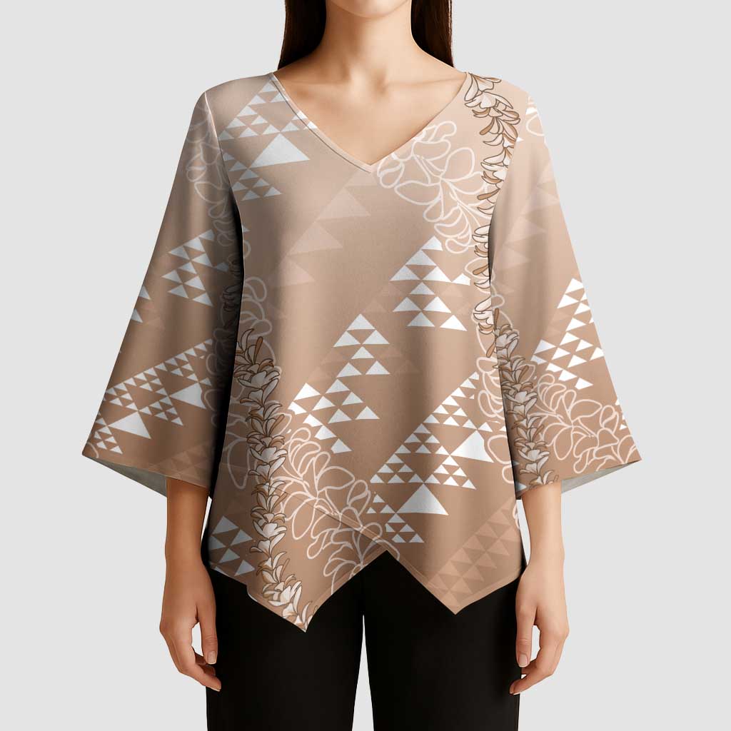 Hawaii Beige Kapa Kimono Sleeve Blouse Vintage 'Ohe Kāpala Motifs Mix Plumeria Leis