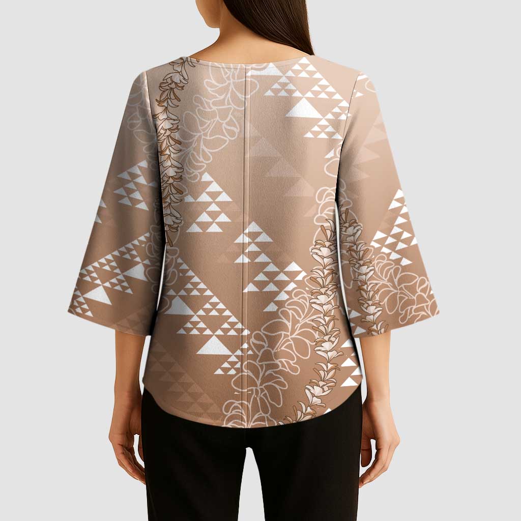 Hawaii Beige Kapa Kimono Sleeve Blouse Vintage 'Ohe Kāpala Motifs Mix Plumeria Leis