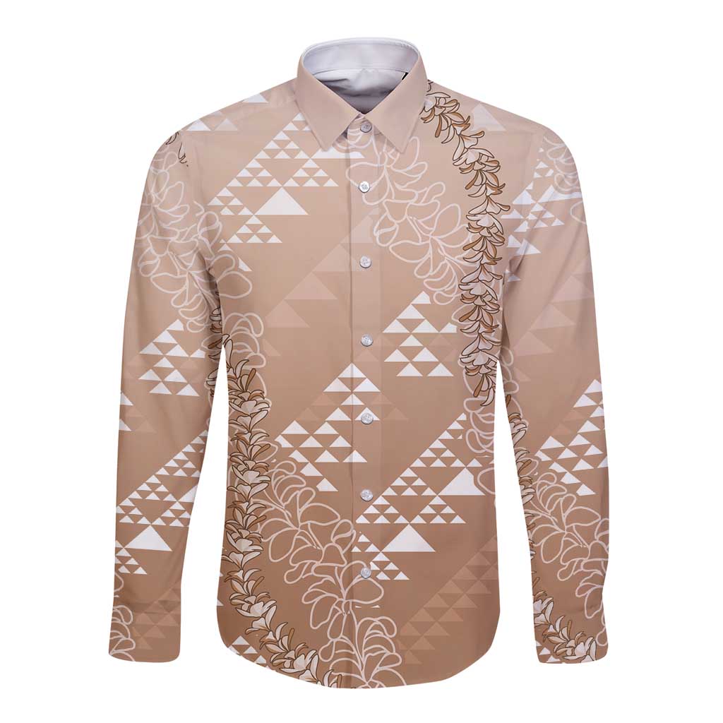 Hawaii Beige Kapa Long Sleeve Button Shirt Vintage 'Ohe Kāpala Motifs Mix Plumeria Leis