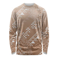 Hawaii Beige Kapa Long Sleeve Shirt Vintage 'Ohe Kāpala Motifs Mix Plumeria Leis