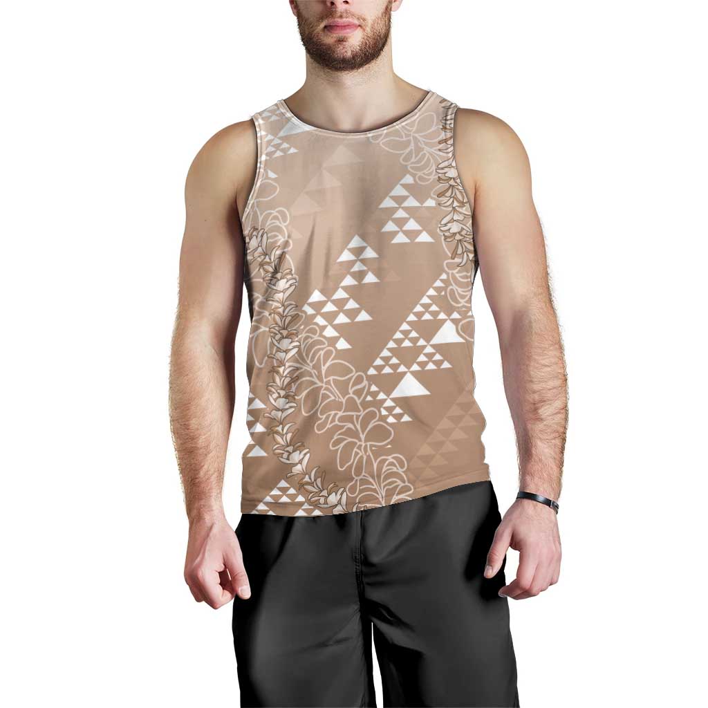 Hawaii Beige Kapa Men Tank Top Vintage 'Ohe Kāpala Motifs Mix Plumeria Leis