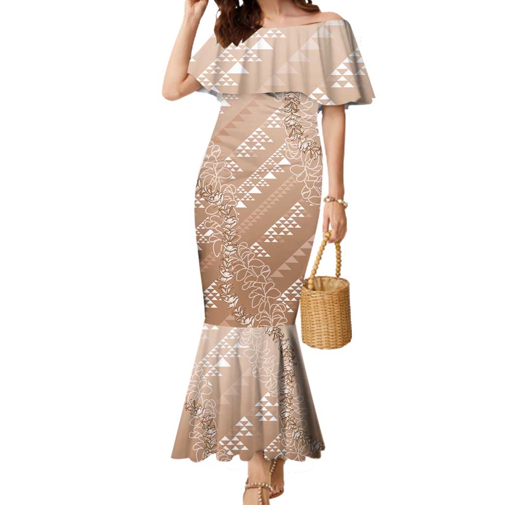 Hawaii Beige Kapa Mermaid Dress Vintage 'Ohe Kāpala Motifs Mix Plumeria Leis
