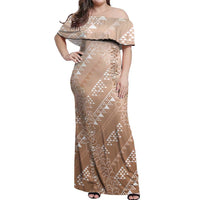 Hawaii Beige Kapa Off Shoulder Maxi Dress Vintage 'Ohe Kāpala Motifs Mix Plumeria Leis
