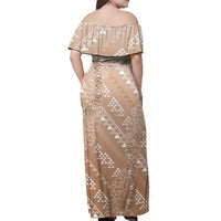 Hawaii Beige Kapa Off Shoulder Maxi Dress Vintage 'Ohe Kāpala Motifs Mix Plumeria Leis