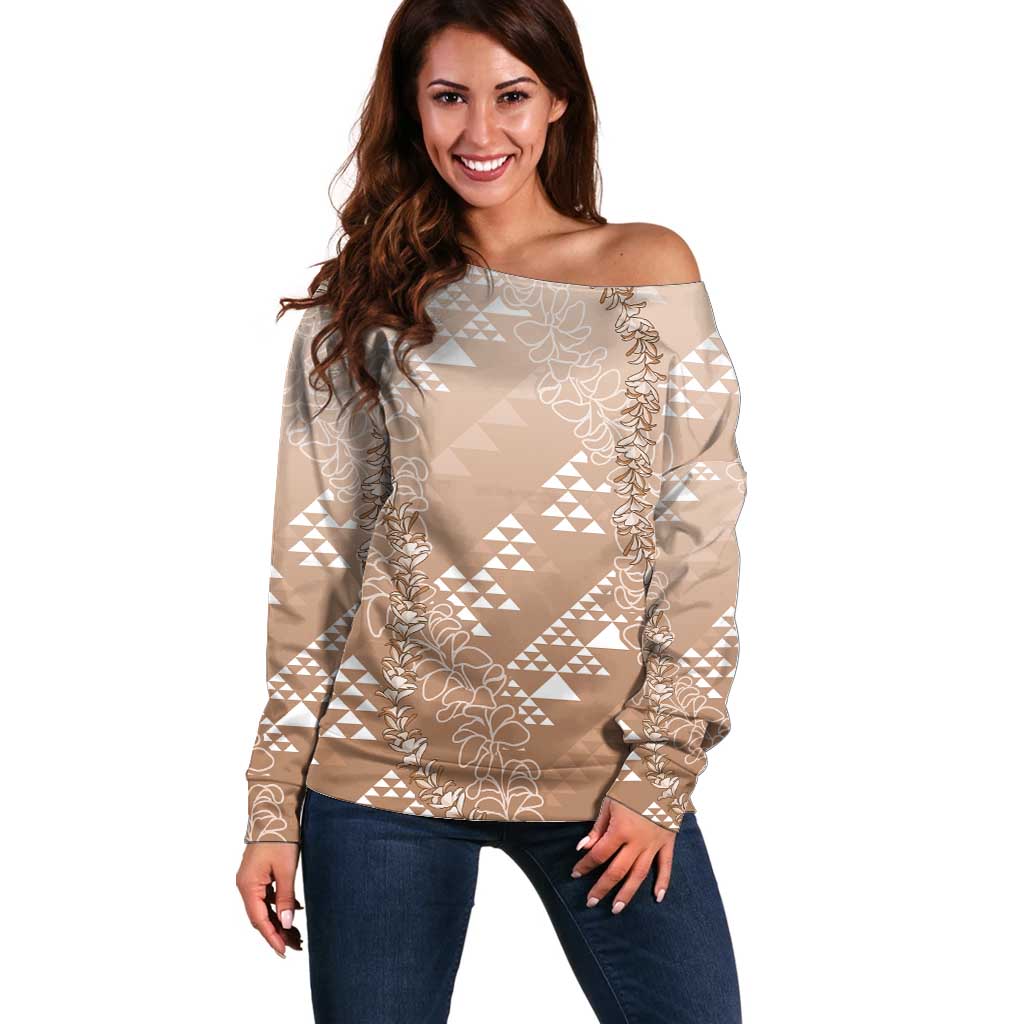 Hawaii Beige Kapa Off Shoulder Sweater Vintage 'Ohe Kāpala Motifs Mix Plumeria Leis LT7 Women Beige - Polynesian Pride