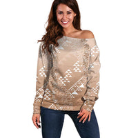 Hawaii Beige Kapa Off Shoulder Sweater Vintage 'Ohe Kāpala Motifs Mix Plumeria Leis LT7 Women Beige - Polynesian Pride