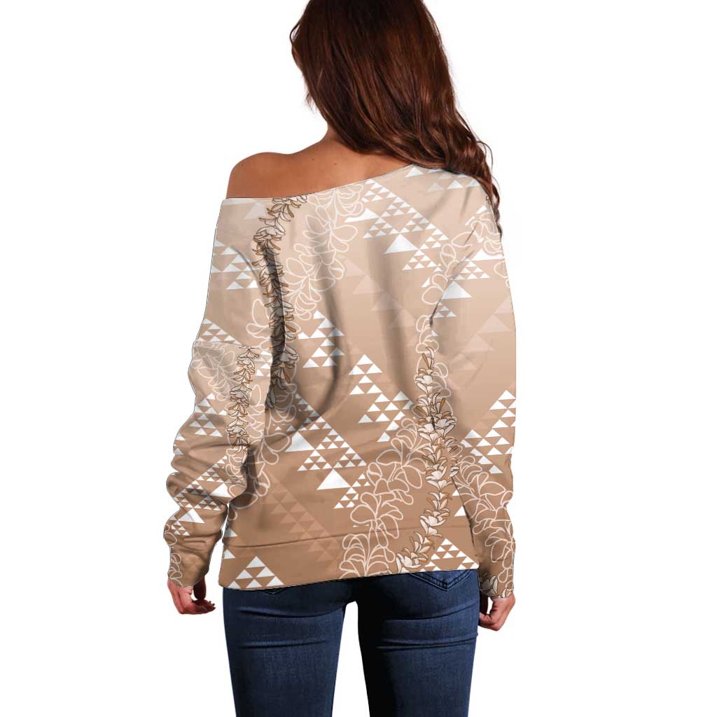 Hawaii Beige Kapa Off Shoulder Sweater Vintage 'Ohe Kāpala Motifs Mix Plumeria Leis LT7 - Polynesian Pride