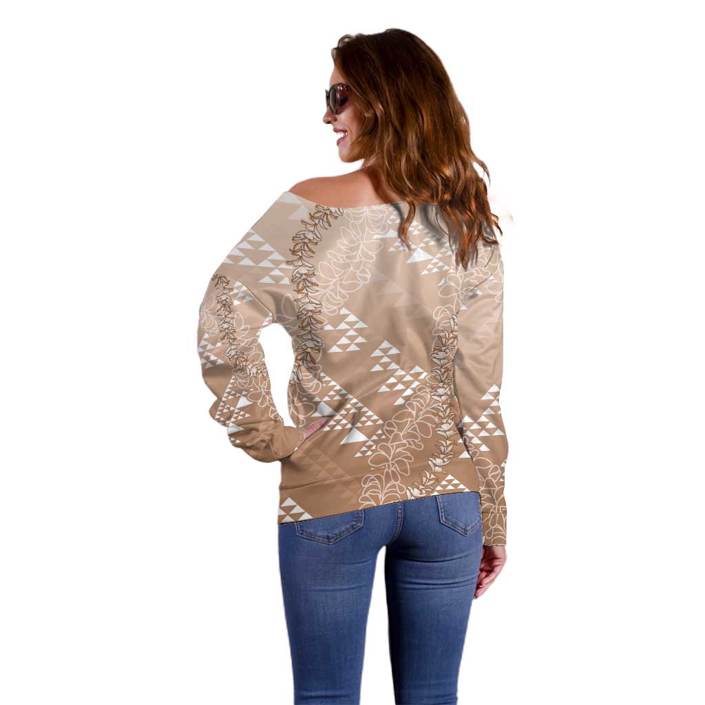 Hawaii Beige Kapa Off Shoulder Sweater Vintage 'Ohe Kāpala Motifs Mix Plumeria Leis LT7 - Polynesian Pride