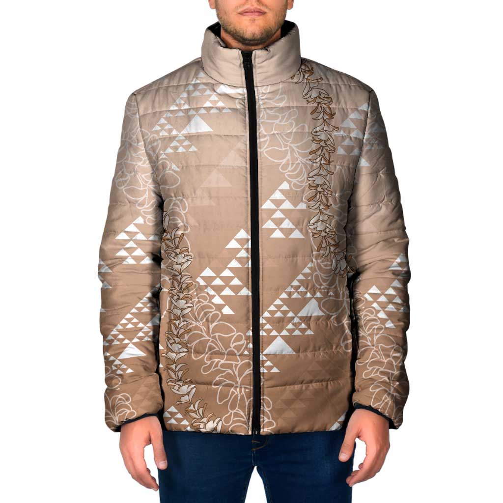 Hawaii Beige Kapa Padded Jacket Vintage 'Ohe Kāpala Motifs Mix Plumeria Leis