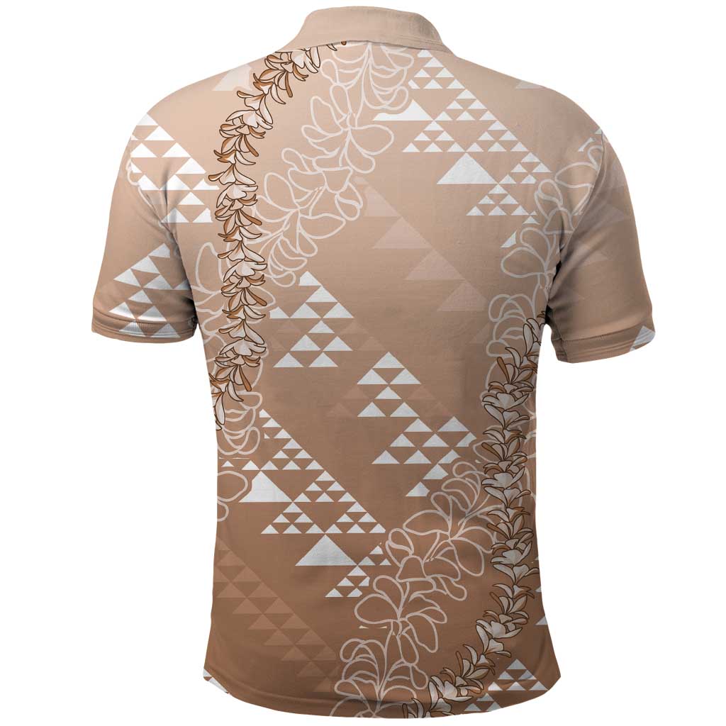 Hawaii Beige Kapa Polo Shirt Vintage 'Ohe Kāpala Motifs Mix Plumeria Leis