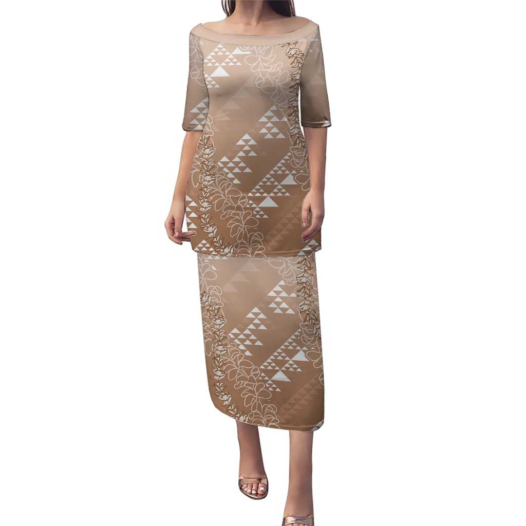 Hawaii Beige Kapa Puletasi Vintage 'Ohe Kāpala Motifs Mix Plumeria Leis LT7 Long Dress Beige - Polynesian Pride