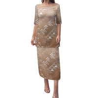 Hawaii Beige Kapa Puletasi Vintage 'Ohe Kāpala Motifs Mix Plumeria Leis LT7 Long Dress Beige - Polynesian Pride