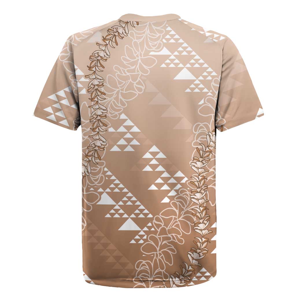 Hawaii Beige Kapa Rugby Jersey Vintage 'Ohe Kāpala Motifs Mix Plumeria Leis LT7 - Polynesian Pride