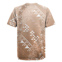 Hawaii Beige Kapa Rugby Jersey Vintage 'Ohe Kāpala Motifs Mix Plumeria Leis LT7 - Polynesian Pride