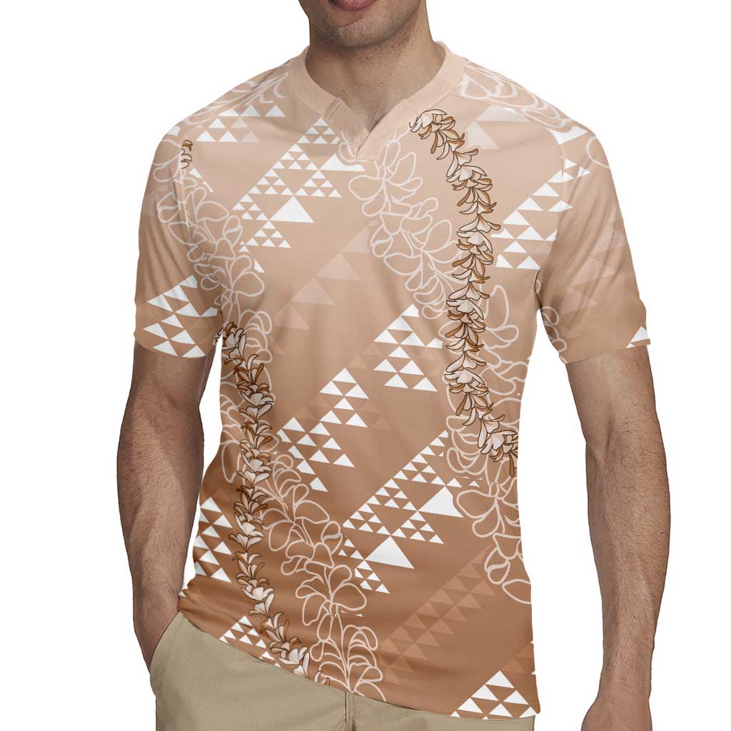 Hawaii Beige Kapa Rugby Jersey Vintage 'Ohe Kāpala Motifs Mix Plumeria Leis LT7 - Polynesian Pride