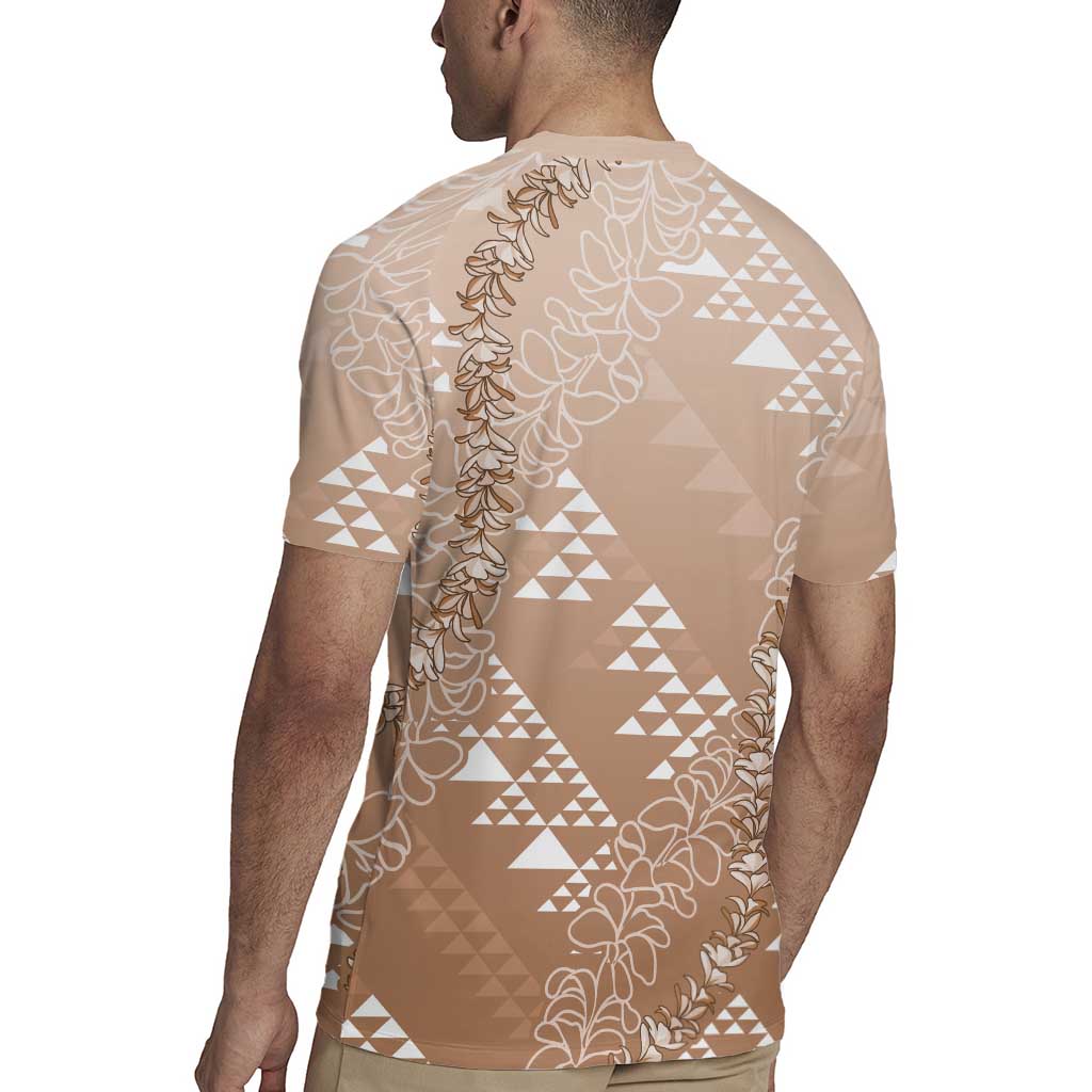 Hawaii Beige Kapa Rugby Jersey Vintage 'Ohe Kāpala Motifs Mix Plumeria Leis LT7 - Polynesian Pride
