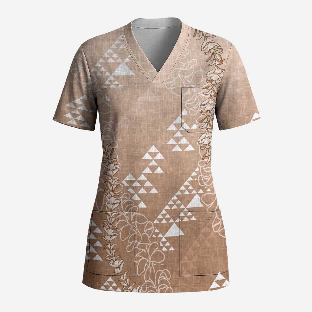 Hawaii Beige Kapa Scrub Top Vintage 'Ohe Kāpala Motifs Mix Plumeria Leis