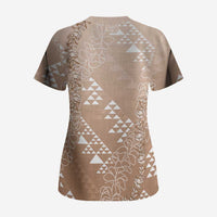 Hawaii Beige Kapa Scrub Top Vintage 'Ohe Kāpala Motifs Mix Plumeria Leis