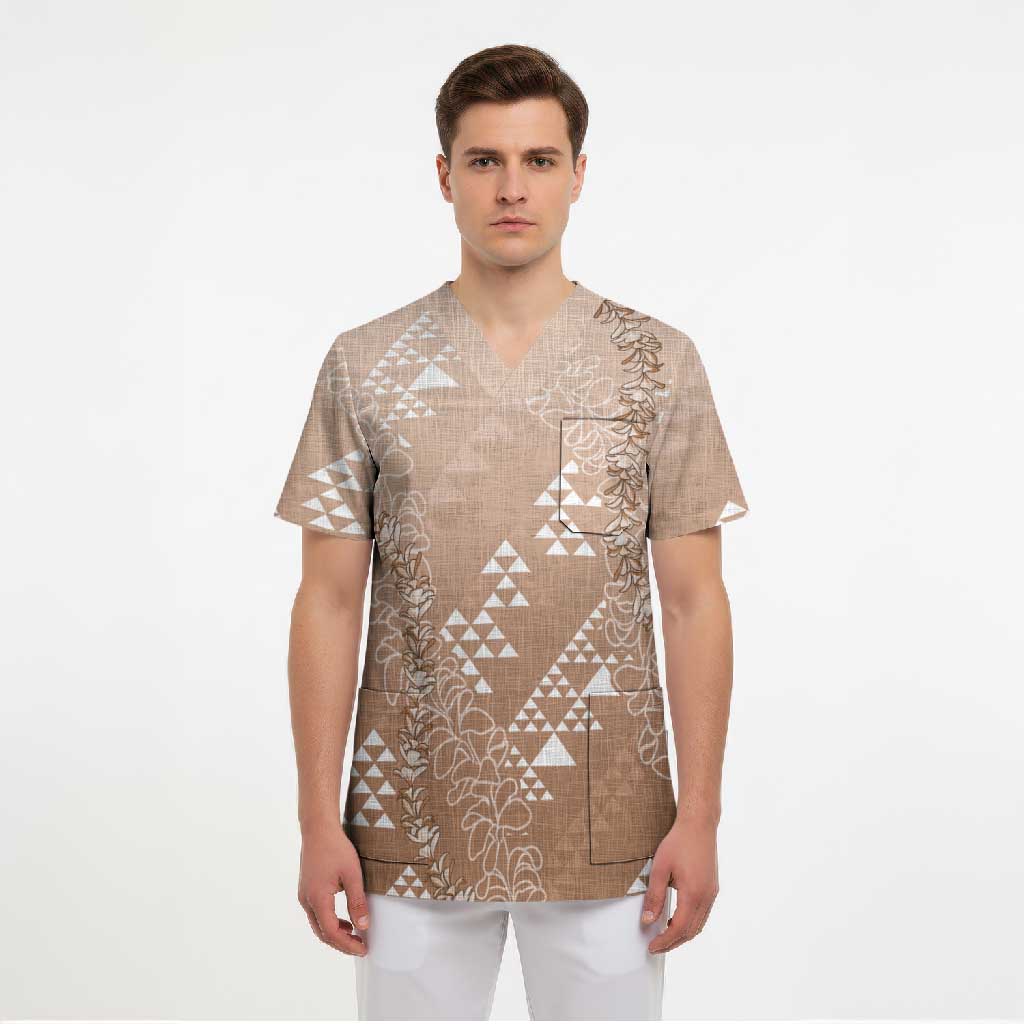 Hawaii Beige Kapa Scrub Top Vintage 'Ohe Kāpala Motifs Mix Plumeria Leis
