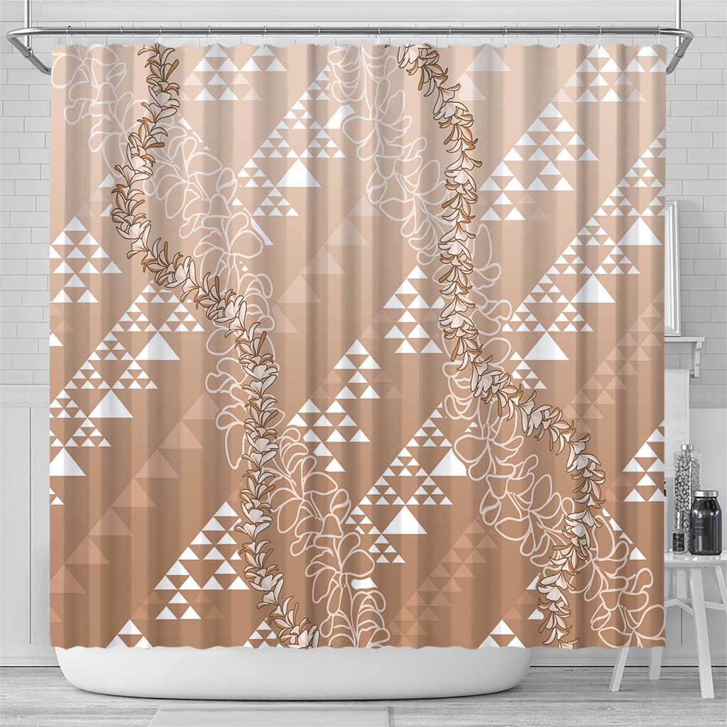 Hawaii Beige Kapa Shower Curtain Vintage 'Ohe Kāpala Motifs Mix Plumeria Leis