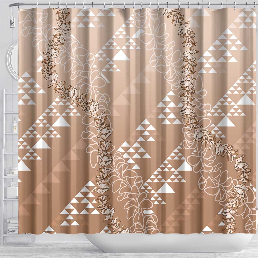 Hawaii Beige Kapa Shower Curtain Vintage 'Ohe Kāpala Motifs Mix Plumeria Leis